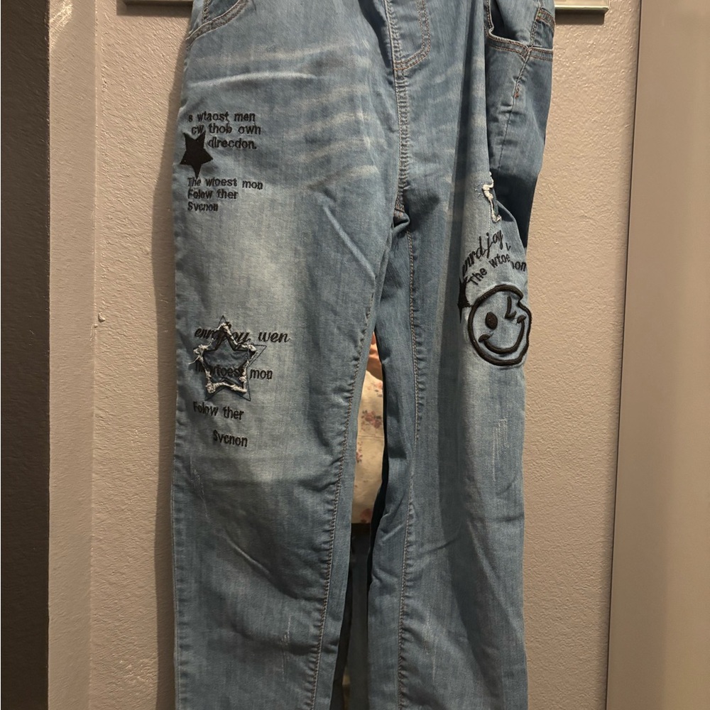 Embroidered Light Blue Jeans with Star and Smile Patches
